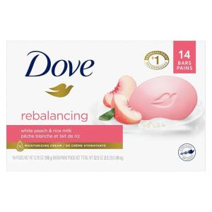 imageDove Beauty Bar Soap Rebalancing White Peach ampamp Rice Milk 14 Count for a Nourished and Moisturized Skin with  Moisturizing Cream PlantBased Formula 375 oz