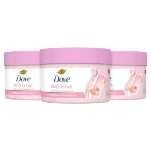 imageDove Body Scrub White Peach ampamp Crushed Rice 3 Count for Visibly SilkySmooth Nourished Skin with  Moisturizing CreamHimalayan Salt  Rose Oil