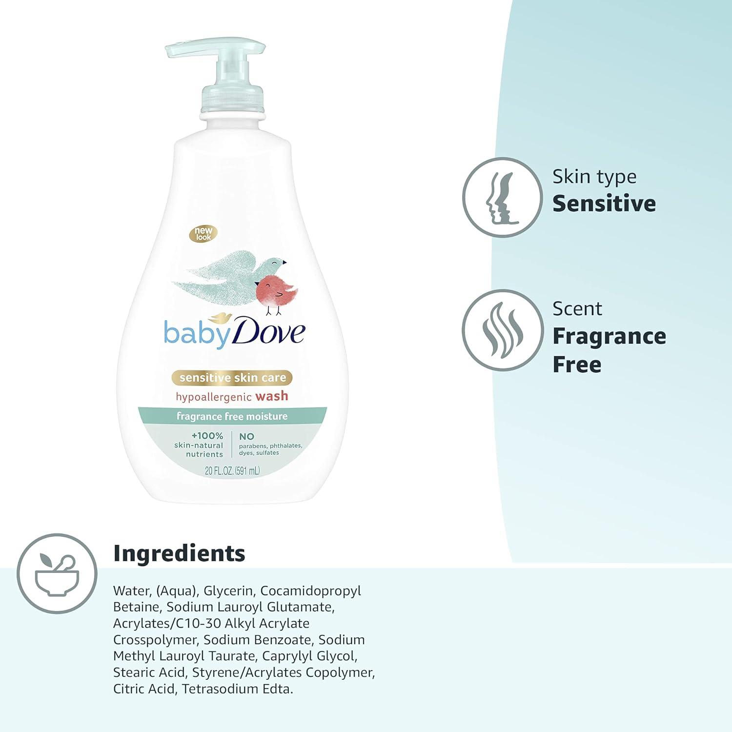 imageBaby Dove Sensitive Skin Care Baby Wash For Bath Time Moisture Fragrance Free and Hypoallergenic Washes Away Bacteria 20 ozSensitive Moisture